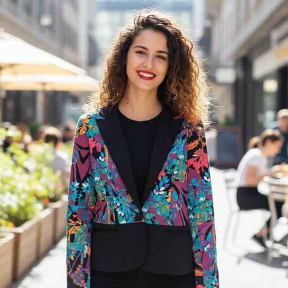 Nicole Miller Multicolor Tropical Island Floral Blazer Black Large 90's Vegas - Picture 1 of 6